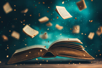 Leinwandbilder - An open book lying on a table with fluttering pages captured in motion,
