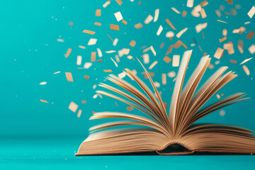 Aufkleber - An open book lying on a table with fluttering pages captured in motion,