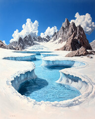 Poster - An alpine glacier with its pristine ice formations and snowy surroundings,