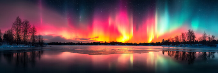 Leinwandbilder - The Northern Lights reflecting on a frozen lake during a clear winter night,