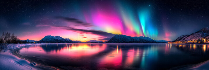 Aufkleber - The Northern Lights reflecting on a frozen lake during a clear winter night,