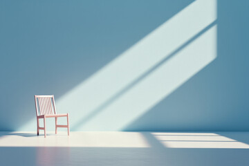 Poster - A simple white room with a single chair in the center, light pouring through a large window,