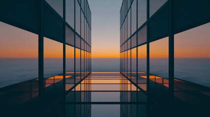 Aufkleber - An architectural shot of a symmetrical modern building facade,