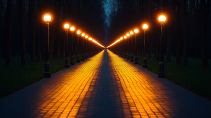 Poster - A symmetrical row of streetlights lining a quiet boulevard at dusk,