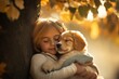 © KP - A girl gently hugs a puppy under a tree, surrounded by warm autumn leaves, exuding love and tranquility.