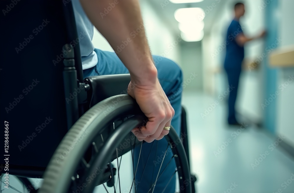 Hand Disable Problem Disabled person holding wheel in a wheelchair in hospital for ...