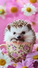 Poster - Elegant A hedgehog curled up in a small teacup surrounded by soft pastel colors and delicate flowers for a whimsical National Pet Day setup