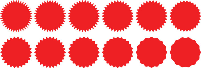 Set of red starburst. Price sticker, sale sticker, price tag, starburst, quality mark, retro stars, sale. Circle sticker set. Wavy edge promo red badges. Star burst shape tags for price. Red sale tag