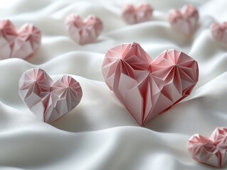 Pink Origami Hearts on Silk Fabric, Romantic Valentine's Day Decoration