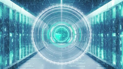 Wall Mural - futuristic hud effects over data center server room background with cloud computing and big data con
