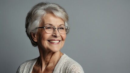 Wall Mural - elderly american female in casual wear on pastel color background model portrait smiling for ad concept space for text