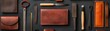 © nuttapong - Assorted leather crafting tools and materials neatly arranged on a dark background.