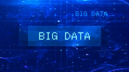 Wall Mural - Big Data Digital Text Animation over Futuristic World Map and HUD Effects