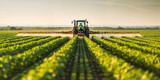 Tractor spraying pesticides on soybean field