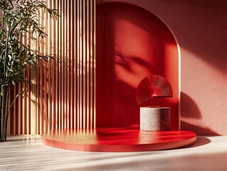 A red podium mockup set in a festive Chinese New Year theme, complete with a red hand fan and minimalistic stage elements for product presentations.