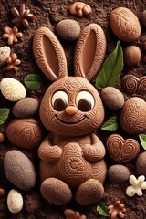 Wall Mural - Chocolate bunny figure surrounded by Easter eggs and green decor on a chocolate eggs background. Perfect for festive Easter themes.