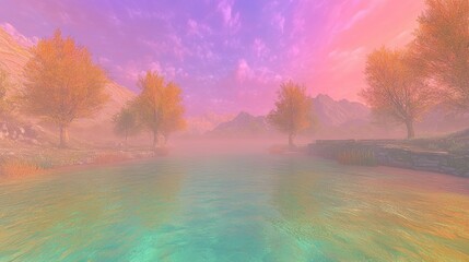 Wall Mural - Serene Autumn Landscape with Misty River and Colorful Sunset Sky