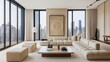 © NoLapan - A Luxurious, Minimalist Living Room With Floor-To-Ceiling Windows Showcasing A Stunning City View.  The Neutral Color Palette And Plush Furniture Create A Serene And Sophisticated Atmosphere.