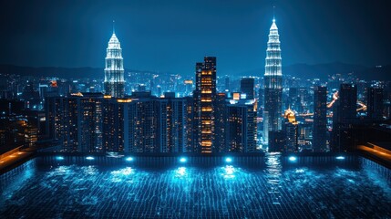 Rooftop pool at night, Kuala Lumpur city view