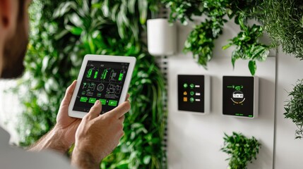 person using tablet to control smart home technologies in green indoor garden setting with plant dec