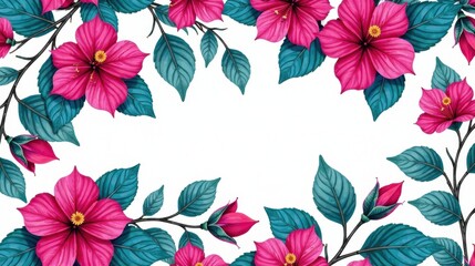 Wall Mural - Vibrant Pink Hibiscus Flowers and Teal Leaves Frame a White Space Perfect for Text or Design Elements