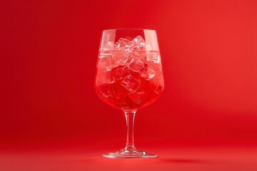 Wall Mural - A glass of soda filled with ice cubes, set against a bright red background, showcases a refreshing drink. Copy space.