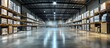 © yong - A wide-angle view of an empty warehouse with high ceilings and LED lighting, showcasing the vastness of industrial storage space for goods or materials.