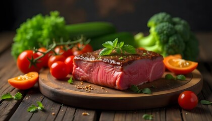 Wall Mural - Steak accompanied by fresh vegetables on wooden table ready to be cooked