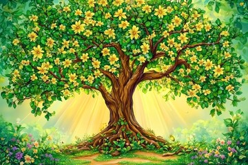 Wall Mural - Vibrant flowering tree in a serene landscape with golden sunlight shining through leaves