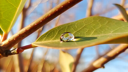 Wall Mural - Rain water drop on green leaf closeup natural background