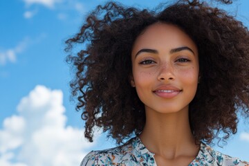 Woman with curly hair smiles under a bright blue sky filled with clouds during a sunny day outdoors