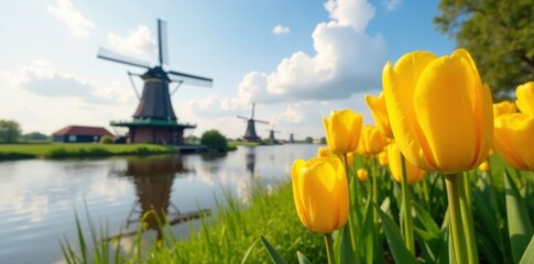 Wall Mural - Golden tulips sway near windmills by serene lake, windmill, Holland