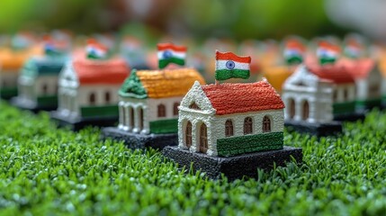 Miniature houses with Indian flags on a grassy surface, showcasing vibrant colors and festive spirit