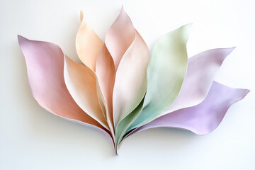 Spring flower bloom with crafted pastel petals and folded material layout, abstract art, isolated on white background