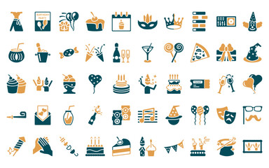 Wall Mural - 50 linear party icon pack. vector thin line boy partying, birthday card, celebration, cupcake with b