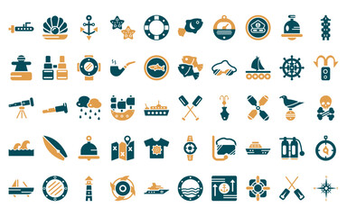 Wall Mural - 50 linear nautical icon pack. vector thin line paddles, pearl, big anchor, starfish, life preserver,