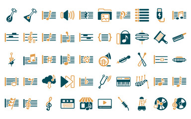 Wall Mural - 50 linear music icon pack. vector thin line french horn, balalaika, demisemiquaver, low volume speak