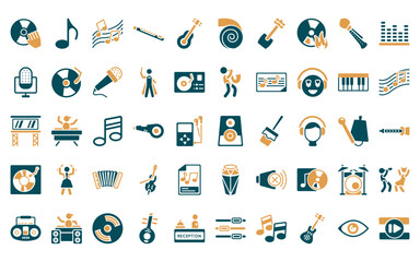 Wall Mural - 50 linear music icon pack. vector thin line subwoofer speaker, quaver note, harmony, piccolo, spanis