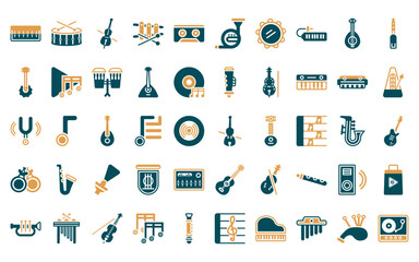 Wall Mural - 50 linear music icon pack. vector thin line violin, snare drum, double bass, xylophone, caste, horn,