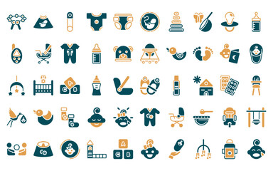 Wall Mural - 50 linear kid and baby icon pack. vector thin line girl shoes, ultrasound, safety pin, baby clothes,