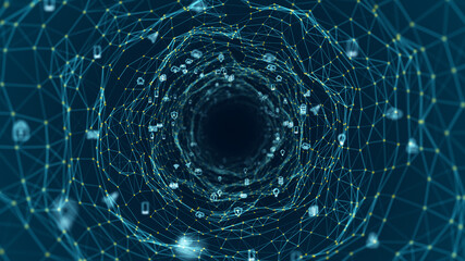 Wall Mural - blue icon and line mesh connection tunnel with polygonal technology abstract background