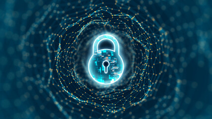 Wall Mural - blue digital security key logo and tunnel line connection with network firewall technology and data 
