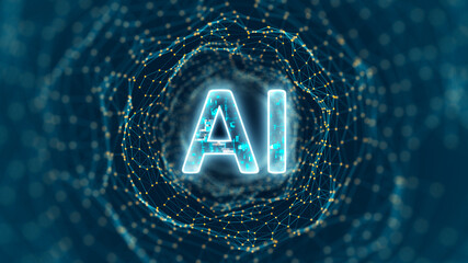 Wall Mural - blue digital ai logo and tunnel line connection with artificial intelligence and robot assistant mac