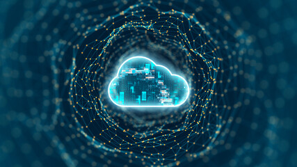 Wall Mural - blue digital cloud computing logo and tunnel line connection with storage big data backup technology