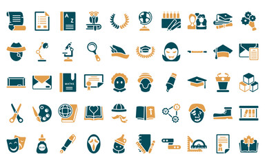 Sticker - 50 linear education icon pack. vector thin line robinson crusoe, exam, dictionary, owl, laurel wreat