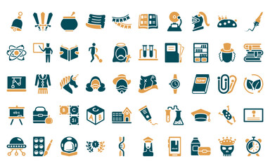 Sticker - 50 linear education icon pack. vector thin line treasure map, three musketeers, punch bowl, manuscri