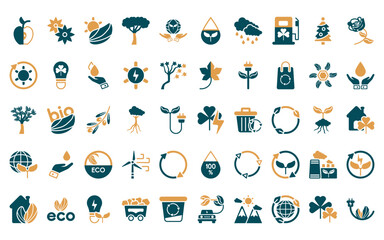 Sticker - 50 linear ecology icon pack. vector thin line green power, two flowers, sunlight, tree of circular f
