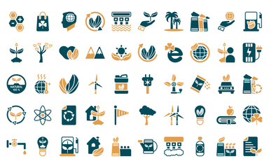 Sticker - 50 linear ecology icon pack. vector thin line solar plug, eco bag, awareness, sustainability, dam, p