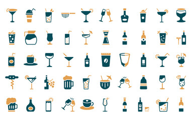Sticker - 50 linear drinks icon pack. vector thin line coffee bag, smoothie, mint julep, sieve, martinez, toas