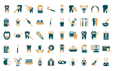 Sticker - 50 linear dentist icon pack. vector thin line implant fixture, mouth mirror, clean tooth, sick girl,